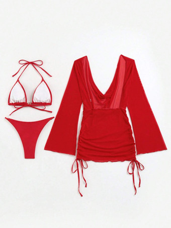 無地ビキニとプランジネックのビーチカバーアップ付き水着セット 2025