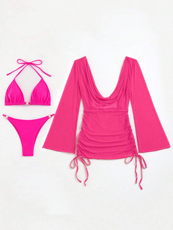 無地ビキニとプランジネックのビーチカバーアップ付き水着セット 2025