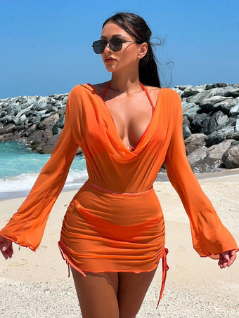 オレンジ無地ビキニとプランジネックのビーチカバーアップ付き水着セット 2025