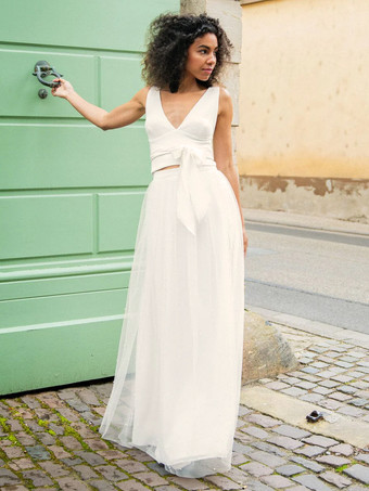 アイボリーツーピースウェディングドレス サテン生地 パール Vネック ツーピース フロア丈 レースアップ ノースリーブ フロア丈 ホワイト