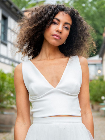 ツーピースウェディングドレス サテン生地 パール Vネック ツーピース フロア丈 レースアップ ノースリーブ フロア丈 ホワイト