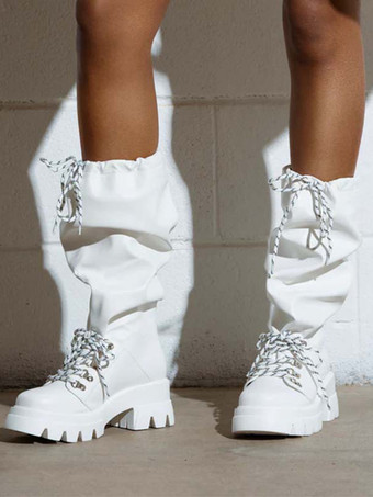 ホワイト ホワイトミッドカーフブーツ レディース ラウンドトゥ レースアップ フラットブーツ