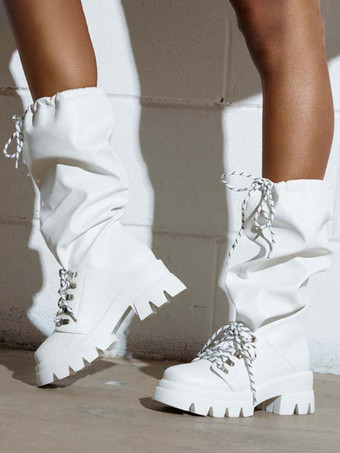 ホワイトミッドカーフブーツ レディース ラウンドトゥ レースアップ フラットブーツ