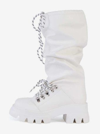 ホワイトミッドカーフブーツ レディース ラウンドトゥ レースアップ フラットブーツ