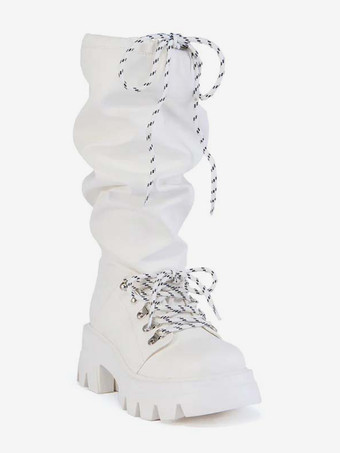 ホワイトミッドカーフブーツ レディース ラウンドトゥ レースアップ フラットブーツ