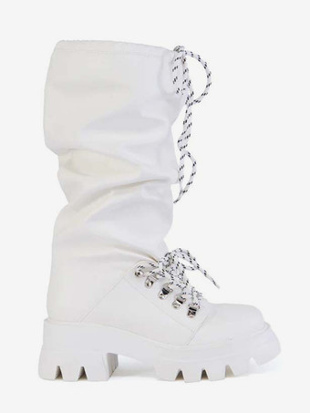 ホワイトミッドカーフブーツ レディース ラウンドトゥ レースアップ フラットブーツ