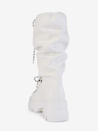 ホワイトミッドカーフブーツ レディース ラウンドトゥ レースアップ フラットブーツ