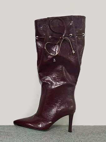 ワインレッド シルバーのワイドカーフブーツ、ポインテッドトゥ、レースアップ、ハイヒールブーツ（レディース）