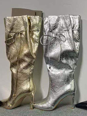 ゴールド シルバーのワイドカーフブーツ、ポインテッドトゥ、レースアップ、ハイヒールブーツ（レディース）