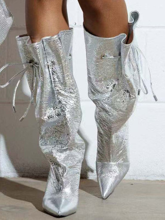 シルバーのワイドカーフブーツ、ポインテッドトゥ、レースアップ、ハイヒールブーツ（レディース）
