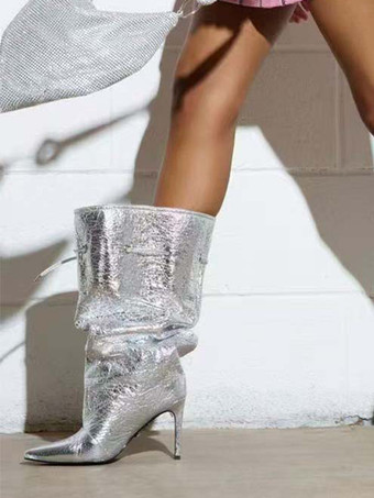 シルバーのワイドカーフブーツ、ポインテッドトゥ、レースアップ、ハイヒールブーツ（レディース）