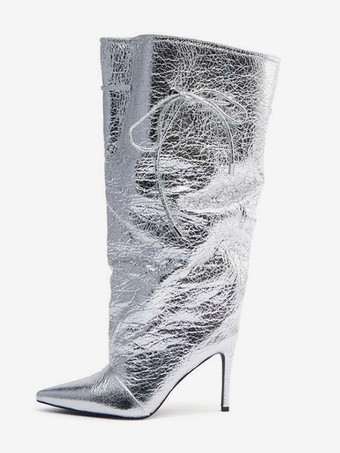 シルバーのワイドカーフブーツ、ポインテッドトゥ、レースアップ、ハイヒールブーツ（レディース）