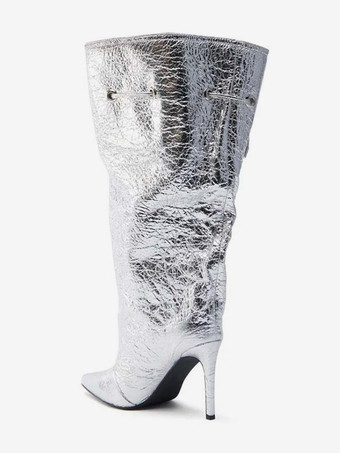 シルバーのワイドカーフブーツ、ポインテッドトゥ、レースアップ、ハイヒールブーツ（レディース）