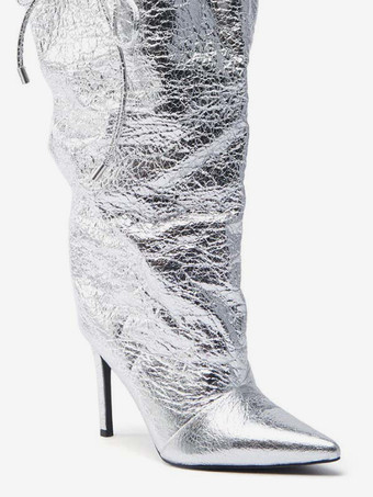 シルバーのワイドカーフブーツ、ポインテッドトゥ、レースアップ、ハイヒールブーツ（レディース）