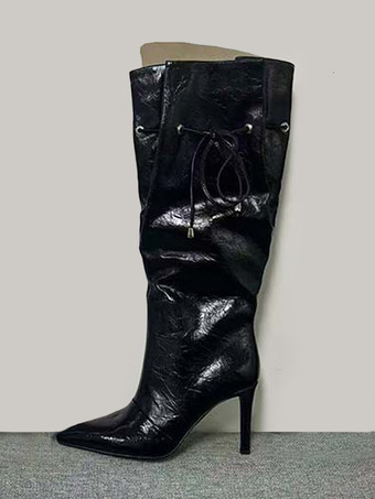 ブラック シルバーのワイドカーフブーツ、ポインテッドトゥ、レースアップ、ハイヒールブーツ（レディース）