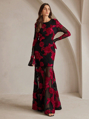 ブラック 2025年のパーティーにぴったりな、透け感のある袖と背中開きの花刺繍マキシドレス