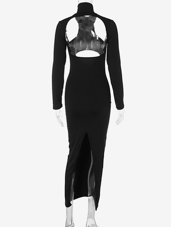 2026年の夜のお出かけにぴったりの、黒の長袖セクシーカットアウトマキシドレス