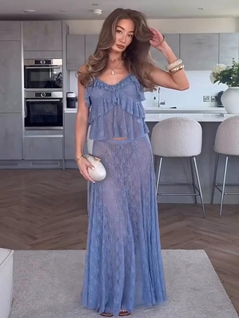 ブルー レースクロップキャミソールとシースルーロングスカートのツーピースコーデセット（2025年夏）