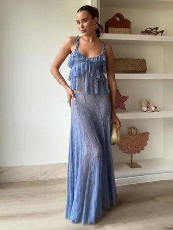 レースクロップキャミソールとシースルーロングスカートのツーピースコーデセット（2025年夏）