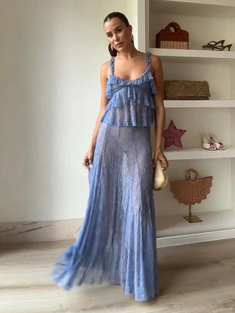 レースクロップキャミソールとシースルーロングスカートのツーピースコーデセット（2025年夏）