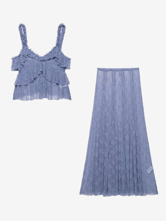 レースクロップキャミソールとシースルーロングスカートのツーピースコーデセット（2025年夏）