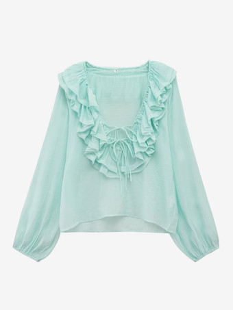 ライトグリーン 2025年春のフリル付き長袖Vネックブラウス