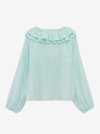 2025年春のフリル付き長袖Vネックブラウス