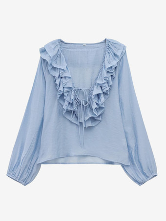 ライトスカイブルー2025年春のフリル付き長袖Vネックブラウス