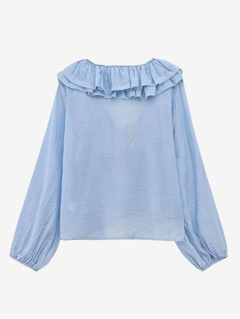 2025年春のフリル付き長袖Vネックブラウス