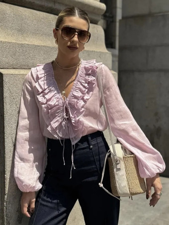 ライラックカラー2025年春のフリル付き長袖Vネックブラウス