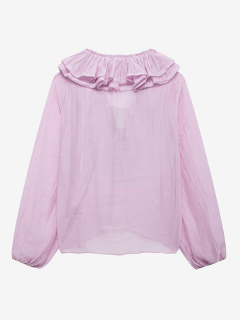 2025年春のフリル付き長袖Vネックブラウス