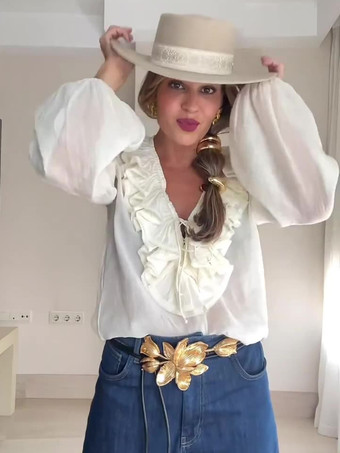 ホワイト 2025年春のフリル付き長袖Vネックブラウス