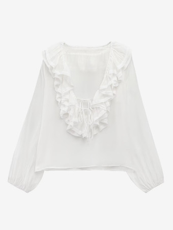 2025年春のフリル付き長袖Vネックブラウス