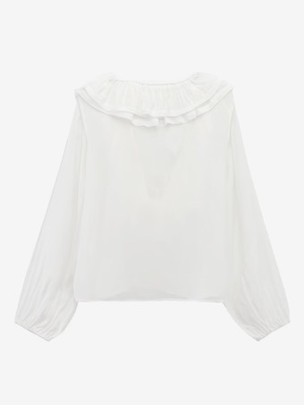 2025年春のフリル付き長袖Vネックブラウス