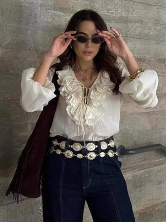 2025年春のフリル付き長袖Vネックブラウス