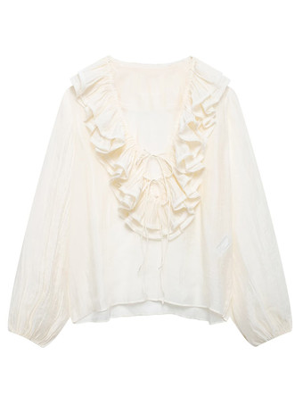 2025年春のフリル付き長袖Vネックブラウス