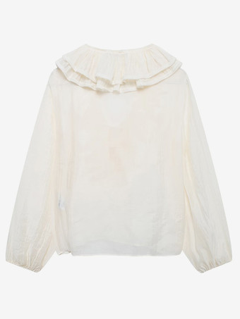 2025年春のフリル付き長袖Vネックブラウス