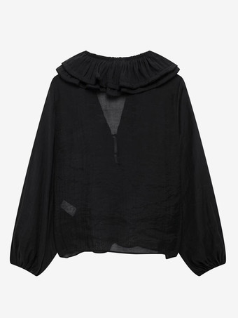 2025年春のフリル付き長袖Vネックブラウス