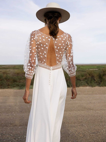 シンプルなウェディングドレス ボールガウン Vネック 7分袖 レース ブライダルガウン