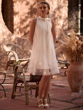 ショート丈ウェディングドレス 膝丈 ジュエルネック ノースリーブ Aライン ナチュラルウエスト シフォン ブライダルドレス