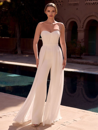 ツーピース ブライダル ジャンプスーツ シフォン プリーツ フロアレングス ジャンプスーツ ノースリーブ 取り外し可能なショール付き