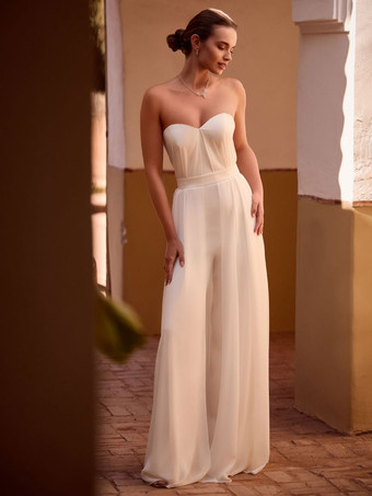 ツーピース ブライダル ジャンプスーツ シフォン プリーツ フロアレングス ジャンプスーツ ノースリーブ 取り外し可能なショール付き