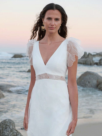 ボヘミアンウェディングドレス スパンコール ボールガウン ナチュラルウエスト ウェディングドレス 機能的なボタン 半袖 Vネック ホワイト