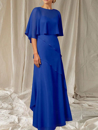 ロイヤルブルー花嫁の母のためのパーティードレス。ジュエルネック、ハーフスリーブ、ボールガウン、フリル、結婚式用ゲストドレス。
