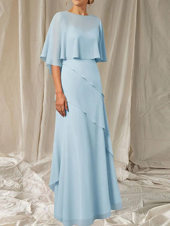 スカイブルー 花嫁の母のためのパーティードレス。ジュエルネック、ハーフスリーブ、ボールガウン、フリル、結婚式用ゲストドレス。