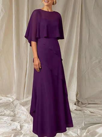 プラム花嫁の母のためのパーティードレス。ジュエルネック、ハーフスリーブ、ボールガウン、フリル、結婚式用ゲストドレス。