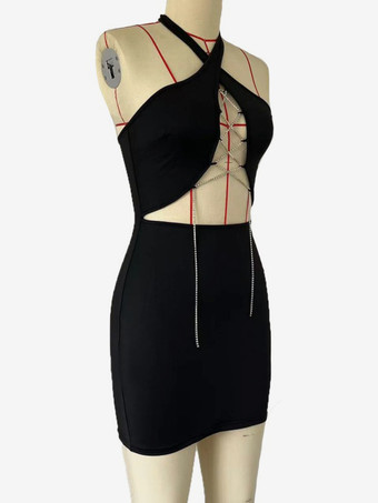 メタルディテール付きブラックホルターネックカットアウトボディコンミニドレス 2025