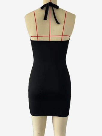 メタルディテール付きブラックホルターネックカットアウトボディコンミニドレス 2025