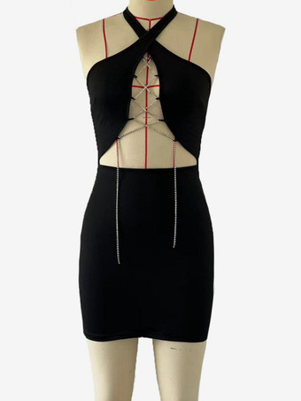 メタルディテール付きブラックホルターネックカットアウトボディコンミニドレス 2025