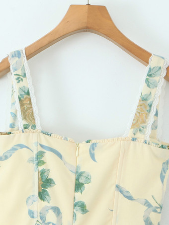 2025年夏向けフローラルプリントのハートネックラインミディドレス